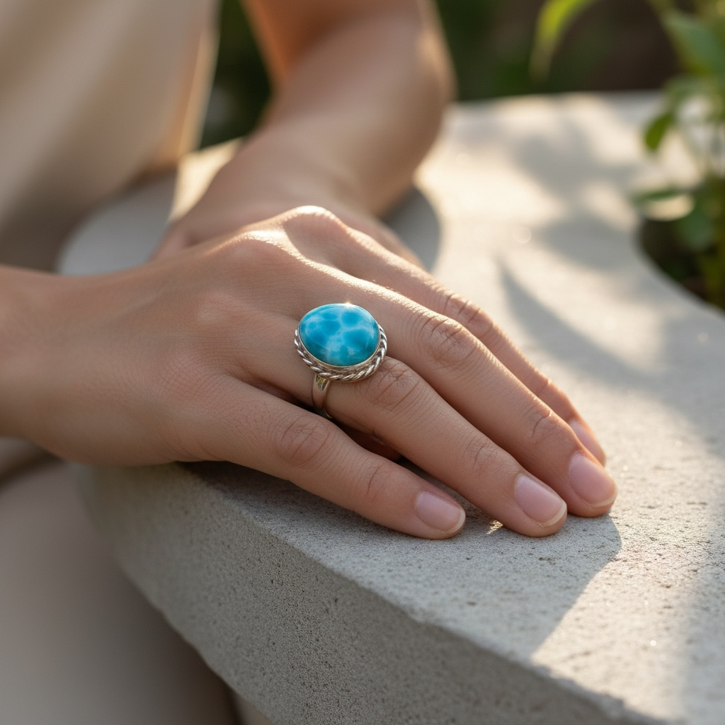 Solid Sterling Silver Dominican Sky Blue Larimar Stone Handmade Ring