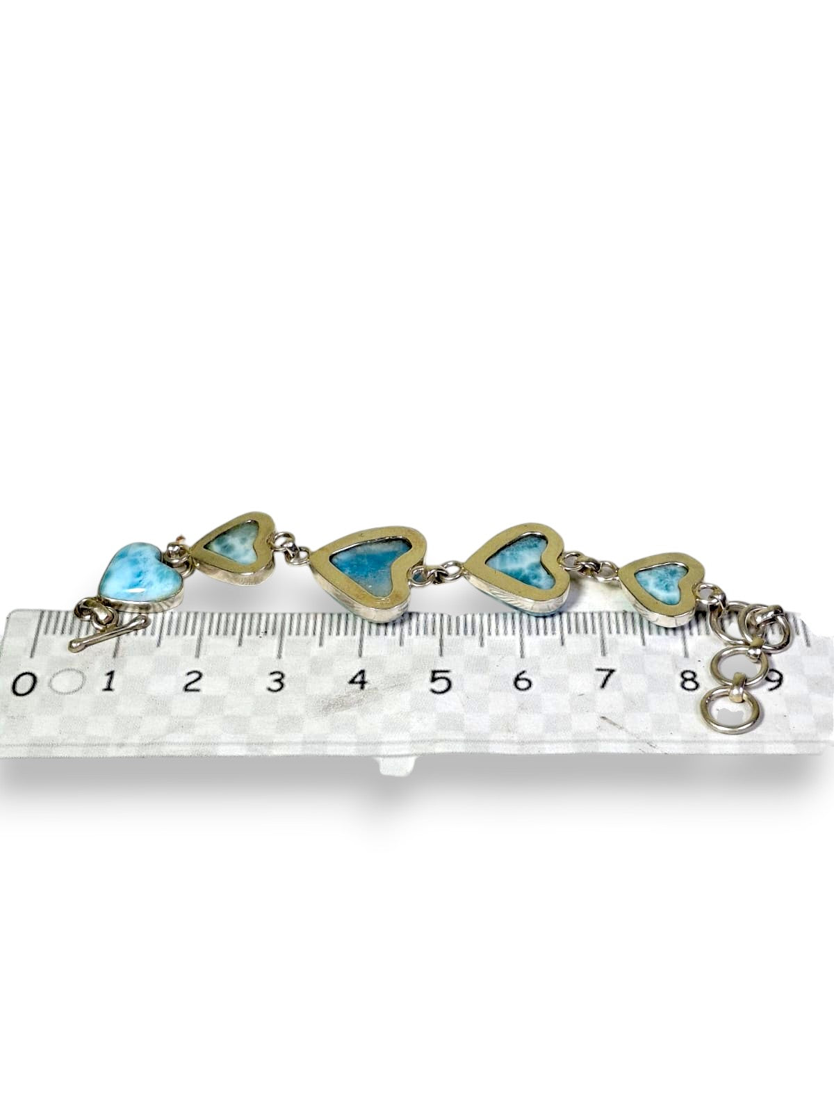 Natural Larimar 5 Heart Bracelet Sterling Silver Toggle Link Dominican Blue Love