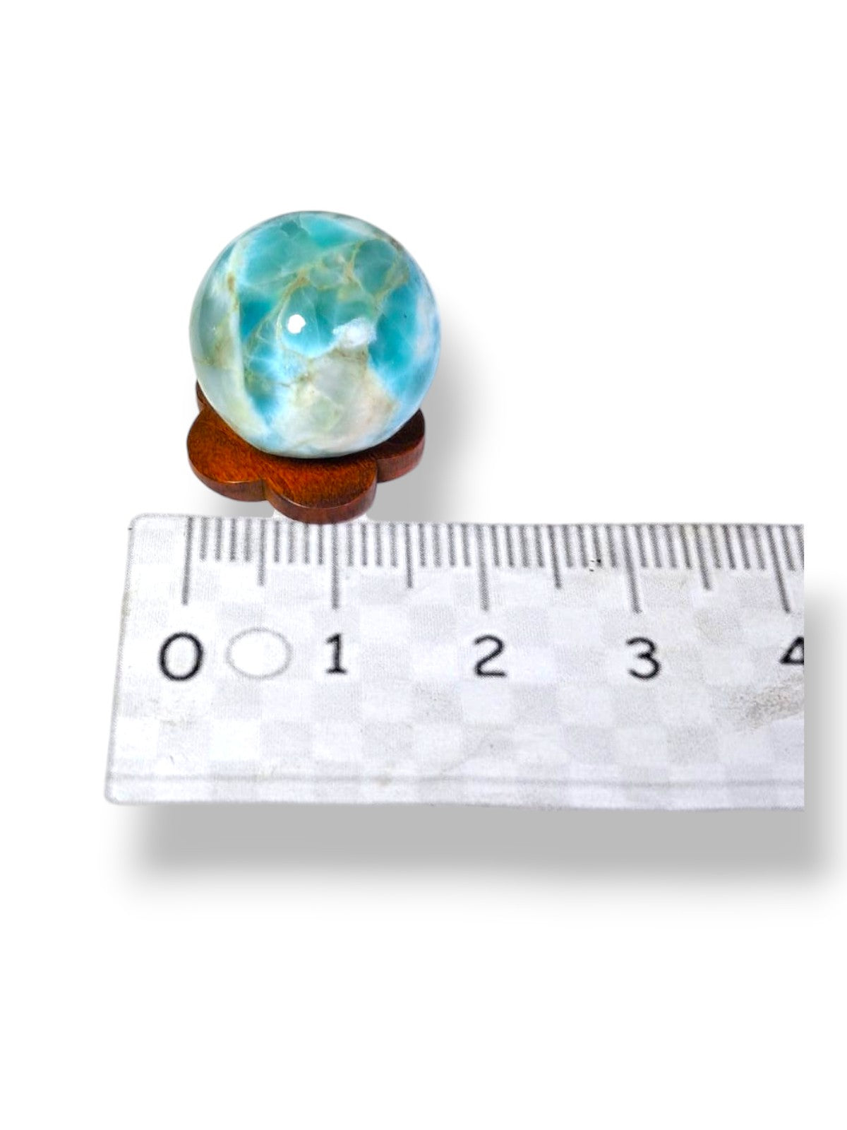28 mm Larimar Polished Sphere Ball Dominican Blue Crystal Healing Meditation Wood Display