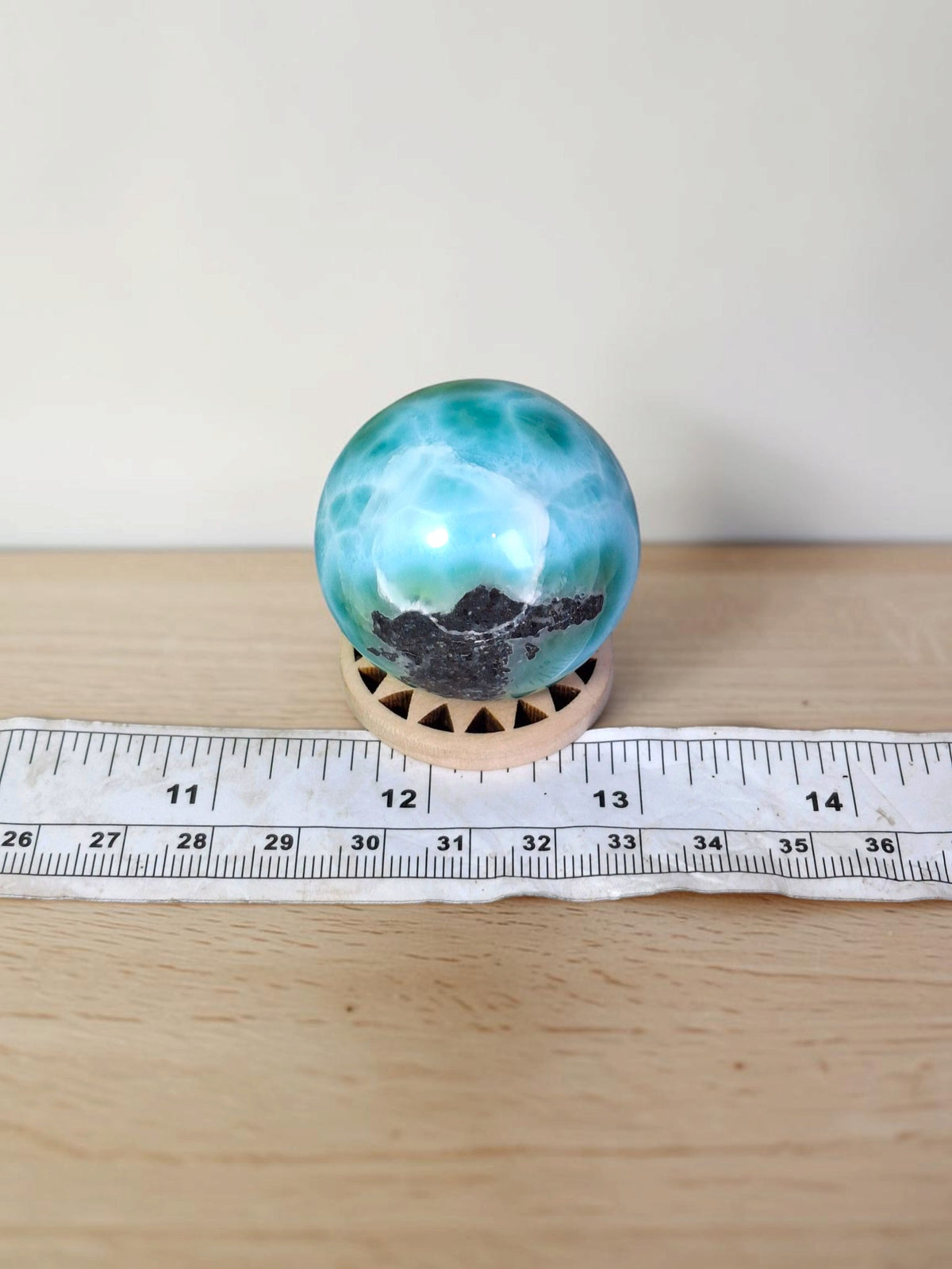 Larimar Polished 39 mm Sphere Ball Dominican Blue Crystal Healing Display