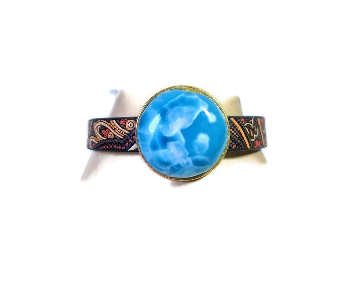 Nice Deep Blue Larimar Stone Leather Handmade Bracelet Watch Men / Women