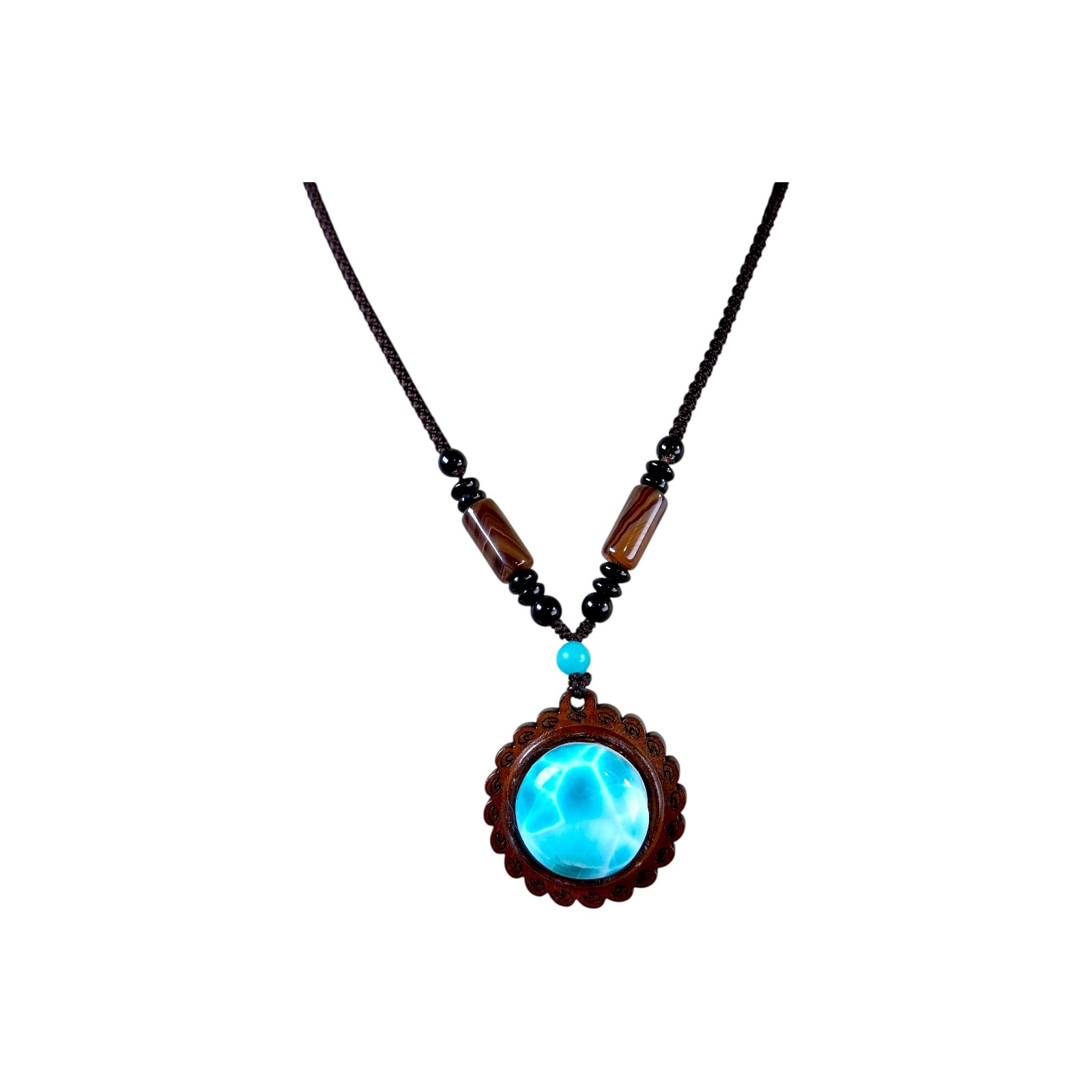Unique Carved Ebony Wood W/ Blue Larimar Stone Necklace Handcrafted
