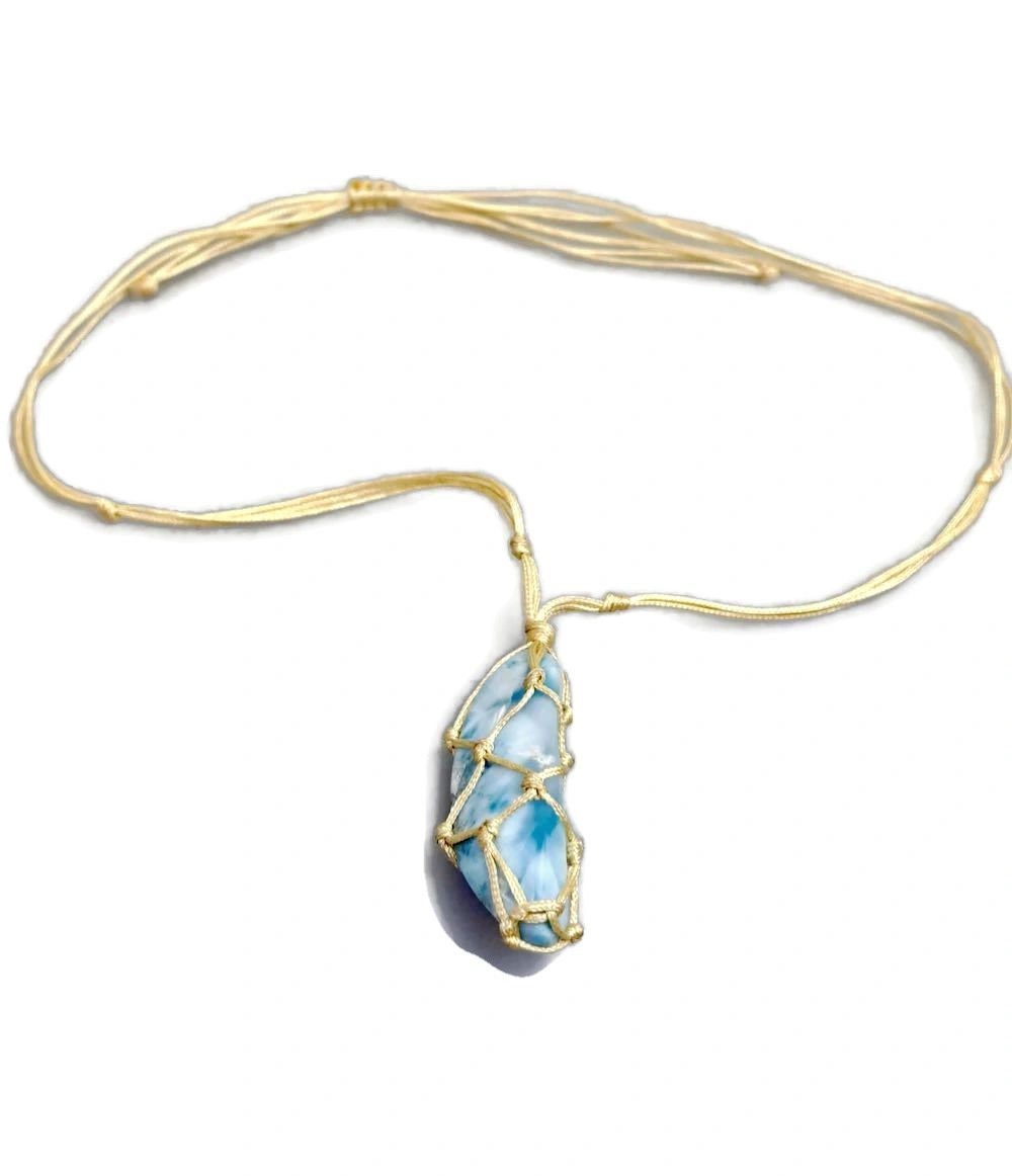 Dominican Nice Blue Larimar Stone Cord Necklace Handcrafted