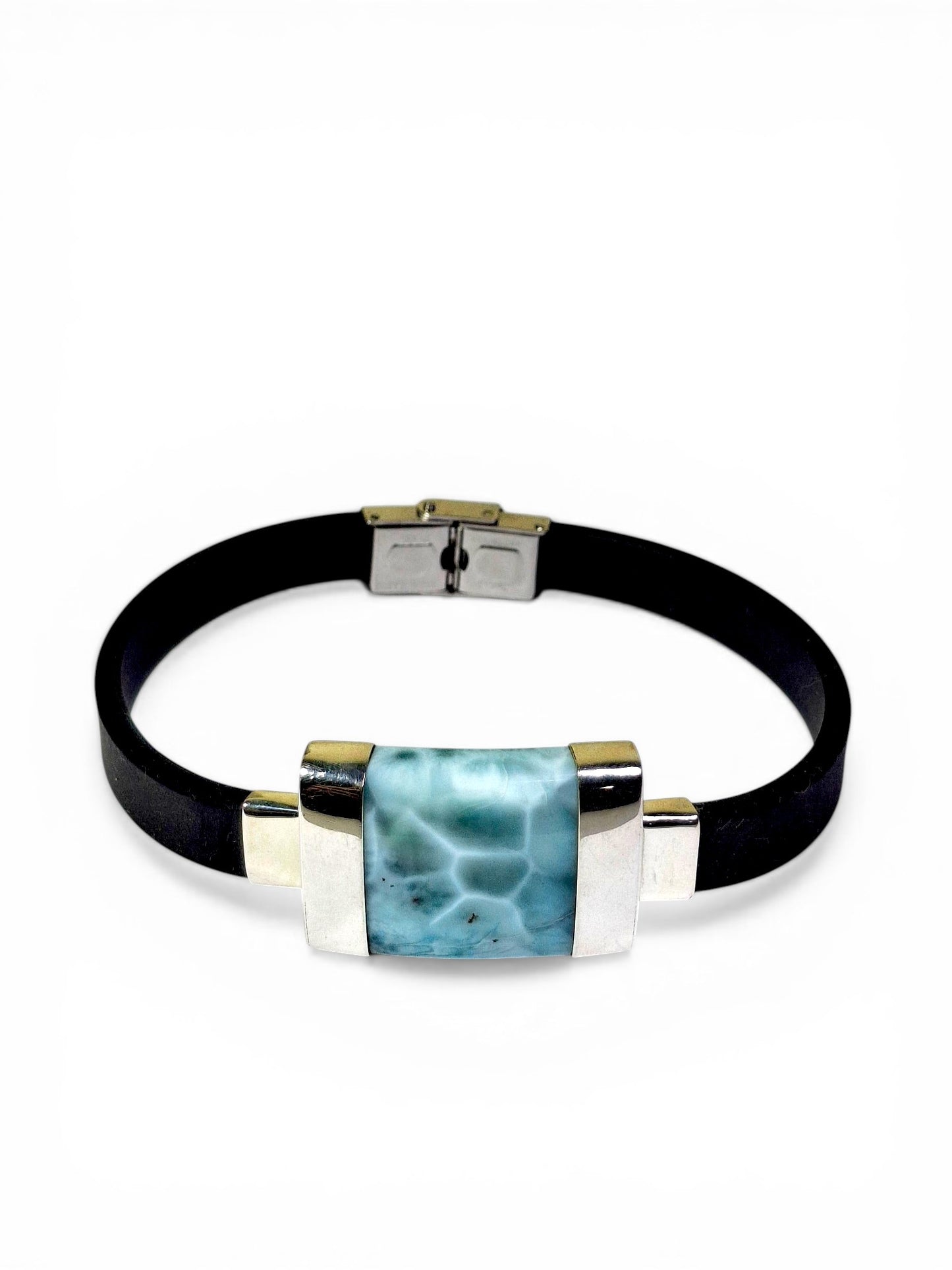 Solid .925 Nice Blue Larimar Stone Leather Handmade Bracelet Men / Women
