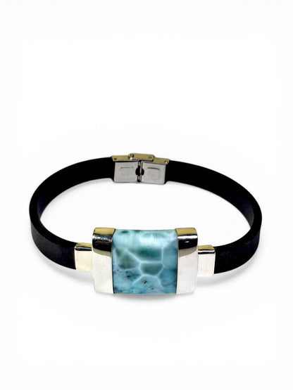 Solid .925 Nice Blue Larimar Stone Leather Handmade Bracelet Men / Women