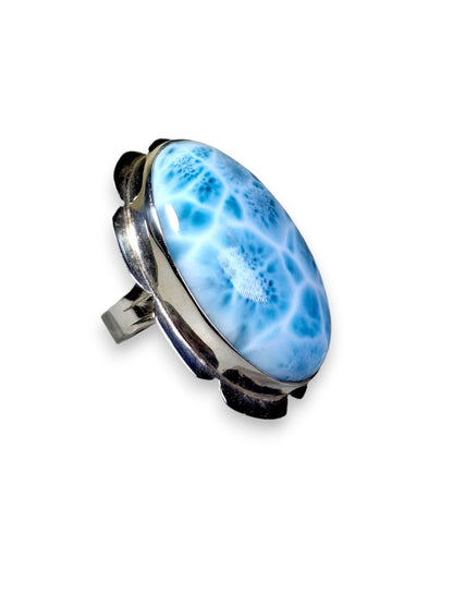 Solid Sterling Silver Big Dominican Deep Blue Larimar Stone Handmade Ring