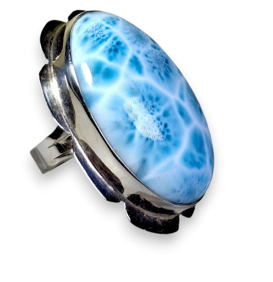 Solid Sterling Silver Big Dominican Deep Blue Larimar Stone Handmade Ring