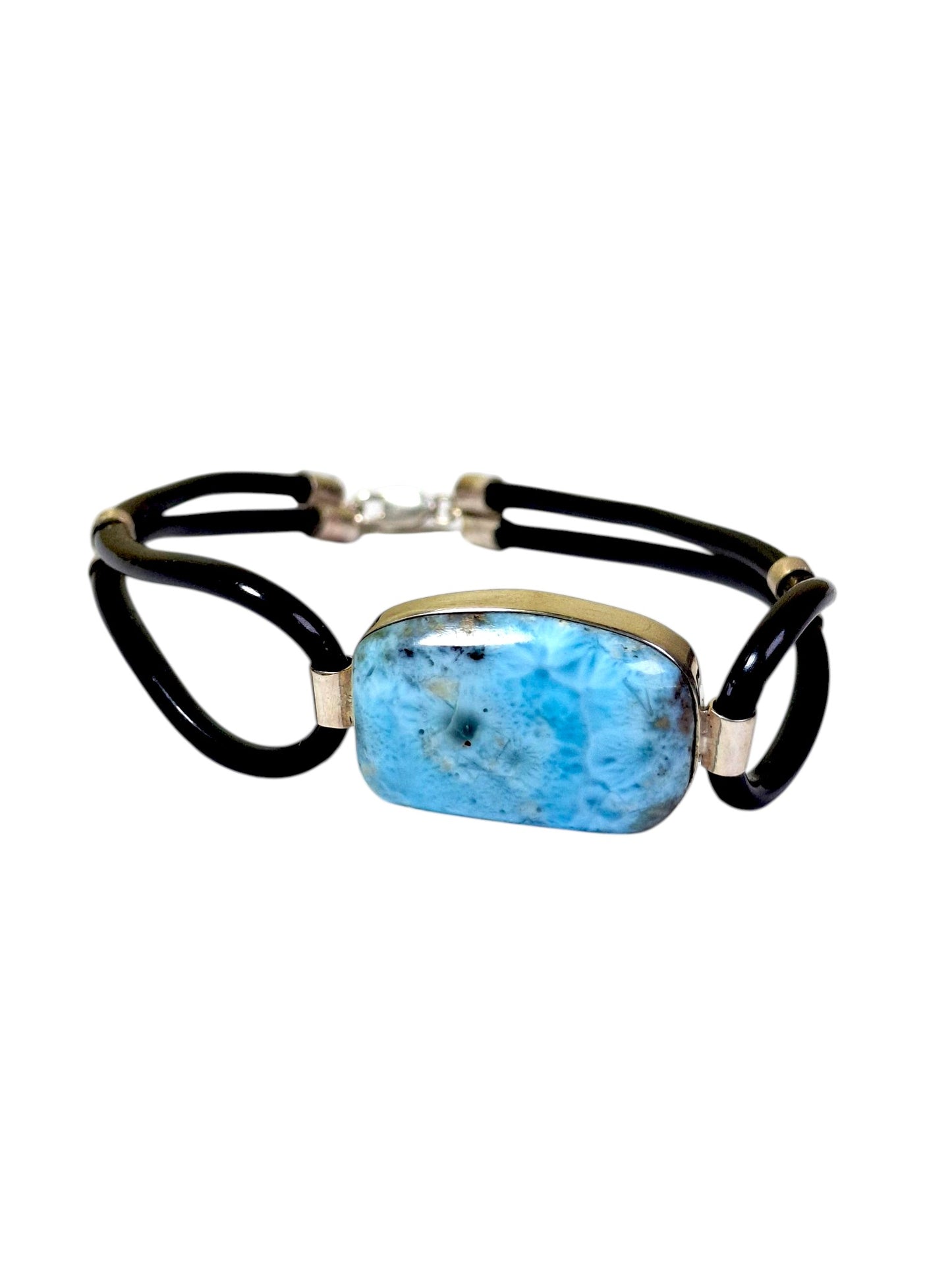 Solid .925 Nice Blue Larimar Stone Rubber Handmade Bracelet Men / Women