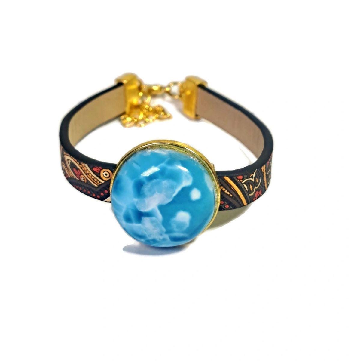 Nice Deep Blue Larimar Stone Leather Handmade Bracelet Watch Men / Women