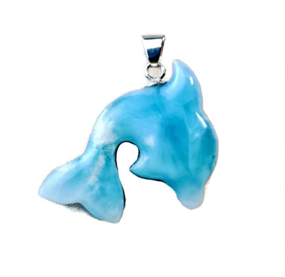 Carved Dolphin Dominican Nice Sky Blue Larimar Stone Pendant Handmade