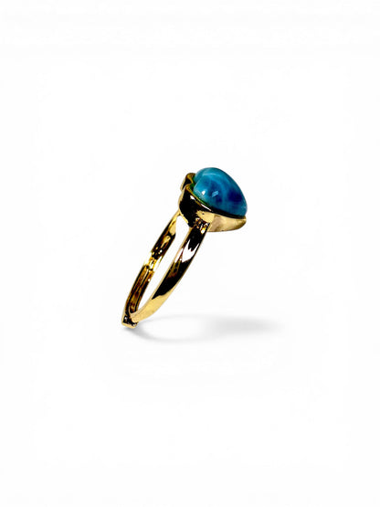 Stainless Steel w/ Gold Plate Heart Dominican Blue Larimar Stone Ring