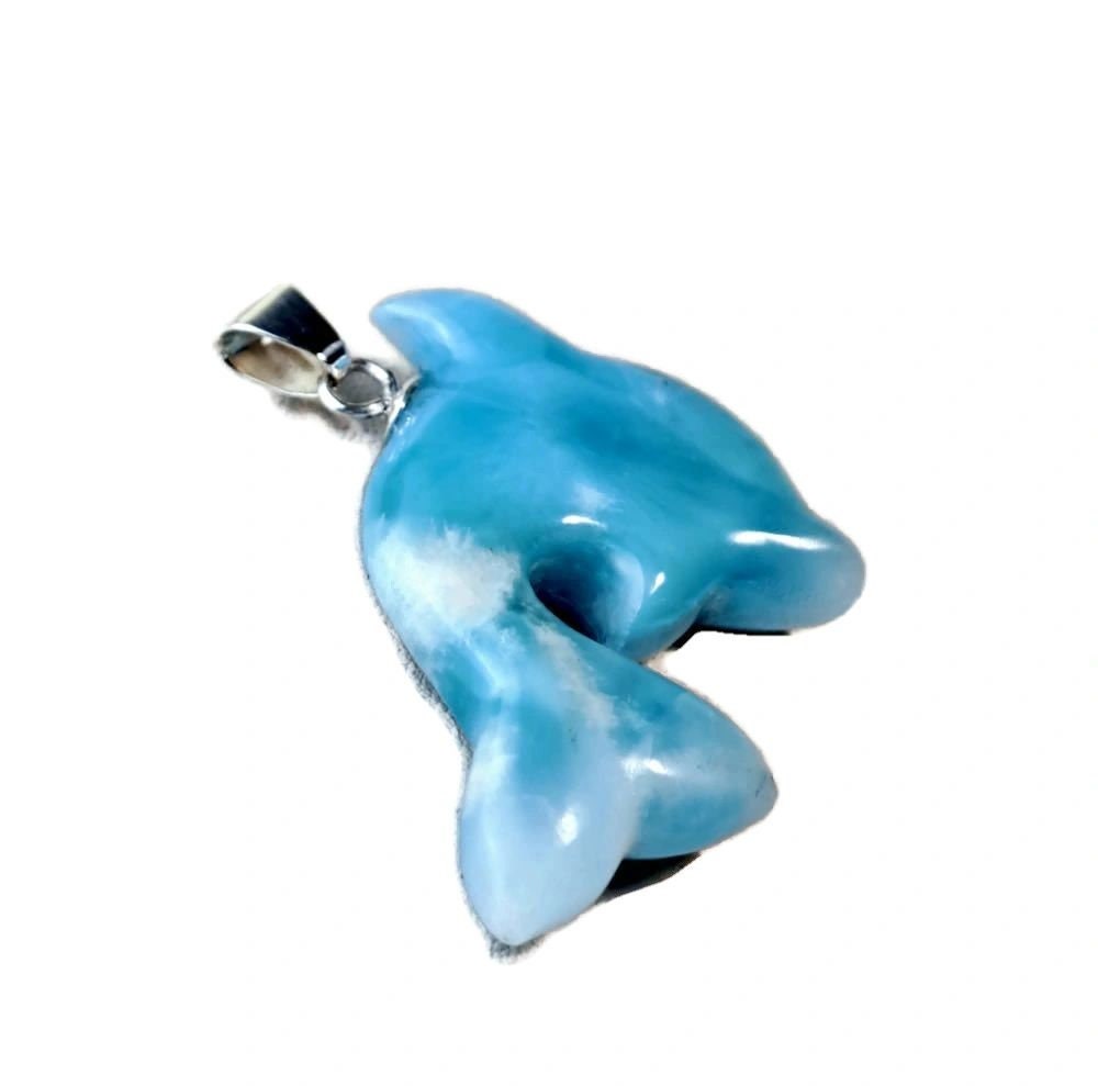 Carved Dolphin Dominican Nice Sky Blue Larimar Stone Pendant Handmade