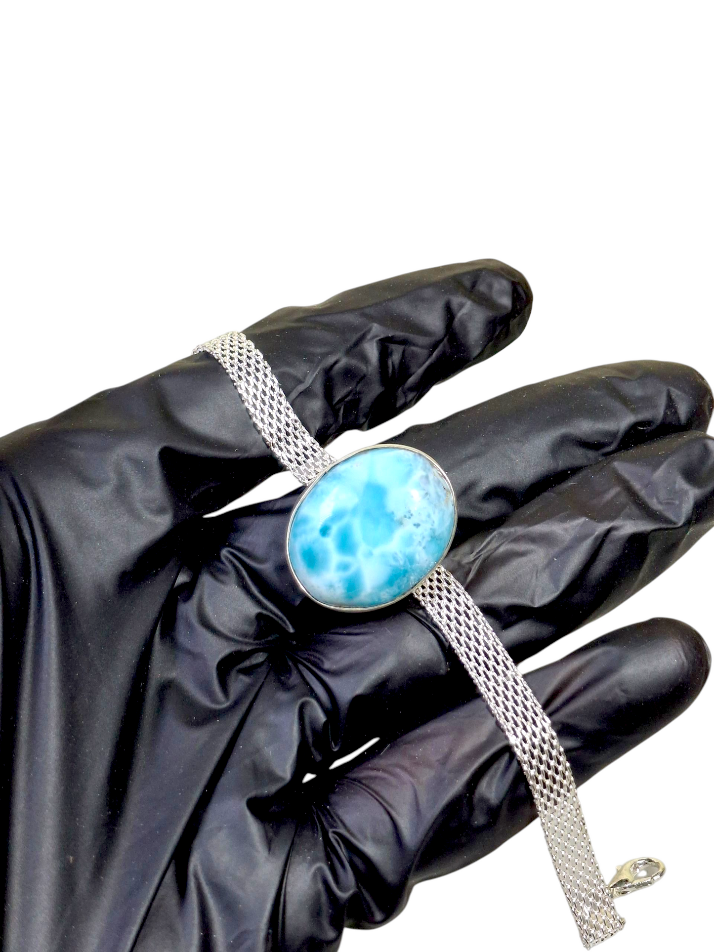 Sterling Silver Dominican Nice Blue Larimar Stone Handmade Bracelet