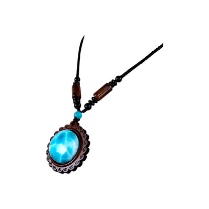 Unique Carved Ebony Wood W/ Blue Larimar Stone Necklace Handcrafted