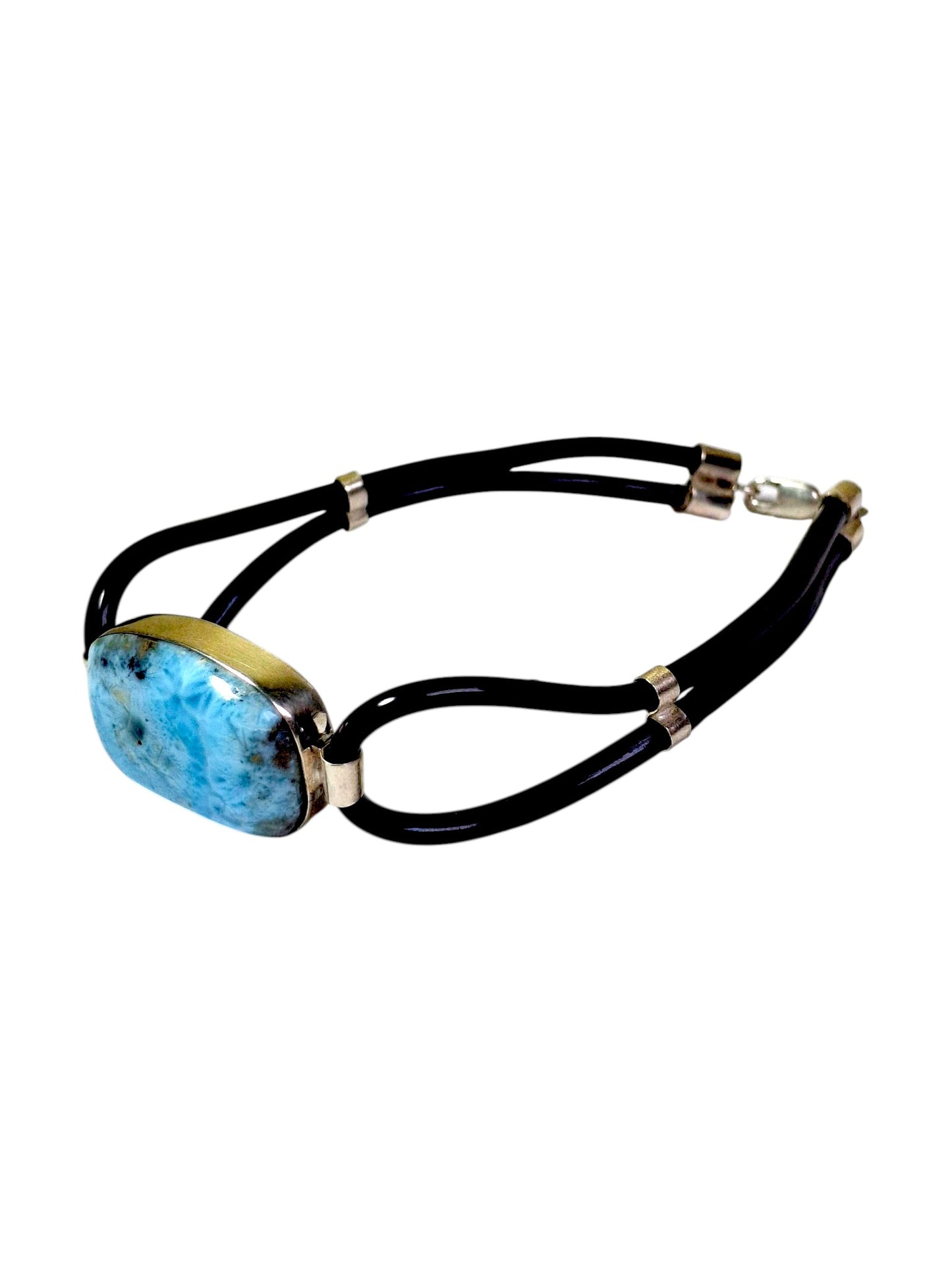 Solid .925 Nice Blue Larimar Stone Rubber Handmade Bracelet Men / Women