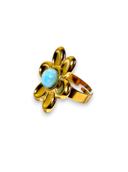 Stainless Steel w/ Gold Plate Flower Dominican Blue Larimar Stone Ring