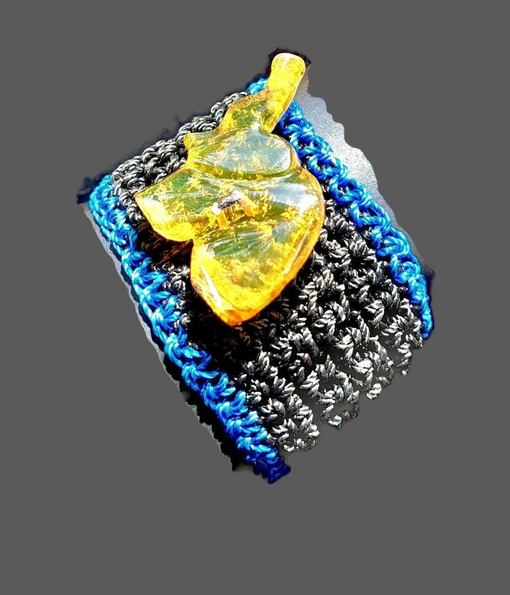 Carved Elephant Dominican Clean Blue / Green Amber stone Handmade Cord Bracelet