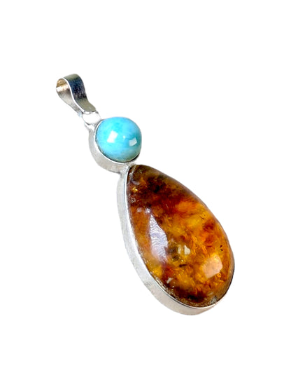 1.9 "in. Dominican Nice Blue Larimar w/ Amber Stones Pendant Handmade