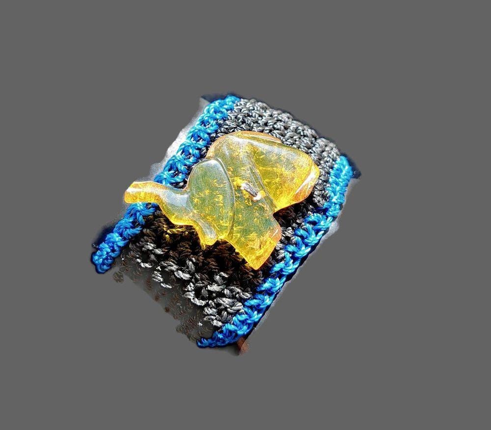Carved Elephant Dominican Clean Blue / Green Amber stone Handmade Cord Bracelet