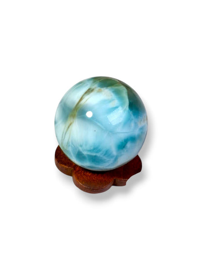 28 mm Larimar Polished Sphere Ball Dominican Blue Crystal Healing Meditation Wood Display