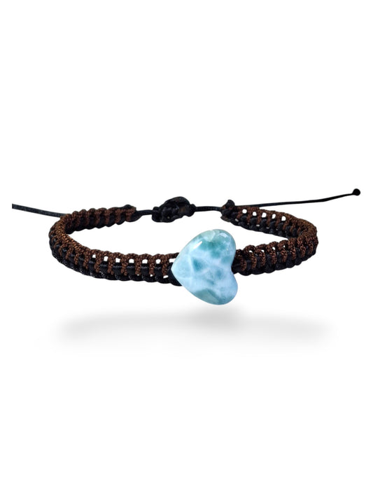 Nice Blue Larimar Heart Stone Nylon Cord Handmade Bracelet Men / Women