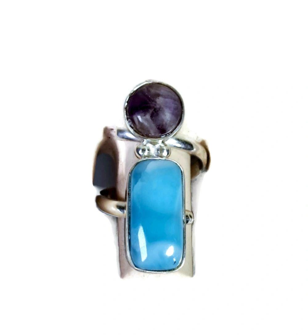 Solid Sterling Silver Deep Blue Larimar W/ Amethyst Stone Ring