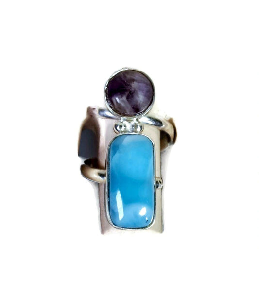 Solid Sterling Silver Deep Blue Larimar W/ Amethyst Stone Ring