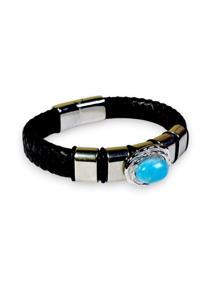Nice Blue Larimar Stone Leather Handmade Bracelet Men / Women