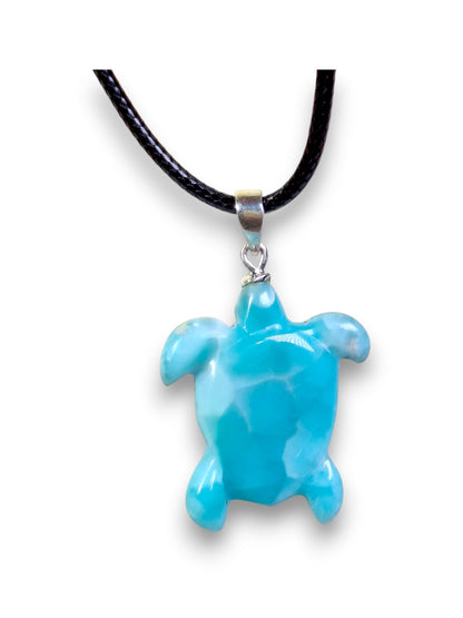 Carved Turtle Dominican Nice Sky Blue Larimar Stone Pendant Handmade