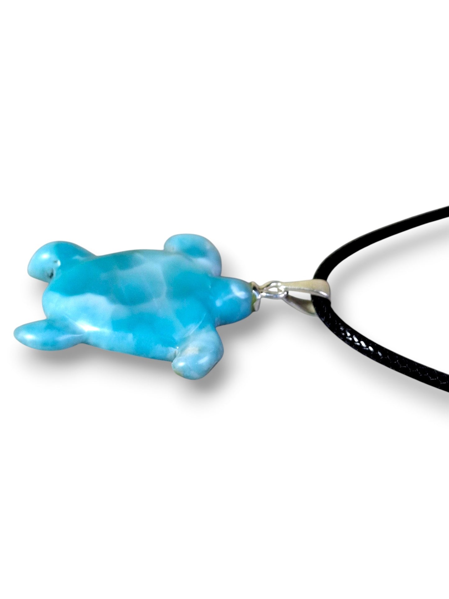 Carved Turtle Dominican Nice Sky Blue Larimar Stone Pendant Handmade