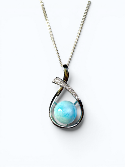 1.2"in. Dominican  Blue Larimar Stone Sphere Pendant / Chain  Set