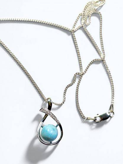 1.2"in. Dominican  Blue Larimar Stone Sphere Pendant / Chain  Set
