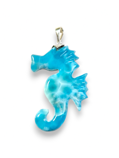 HQ Carved SeaHorse Dominican Nice Deep Blue Larimar Stone Pendant Handmade