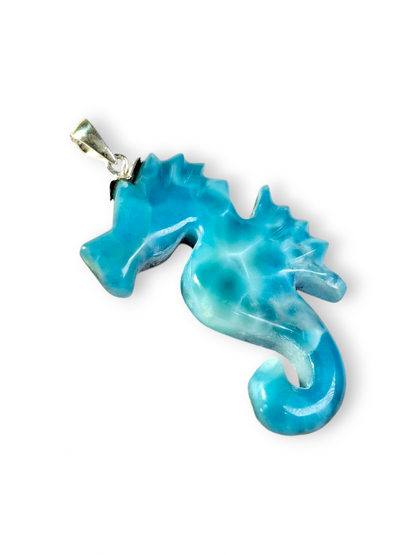 HQ Carved SeaHorse Dominican Nice Deep Blue Larimar Stone Pendant Handmade