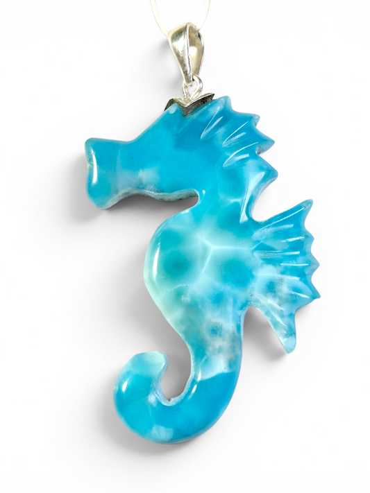 HQ Carved SeaHorse Dominican Nice Deep Blue Larimar Stone Pendant Handmade