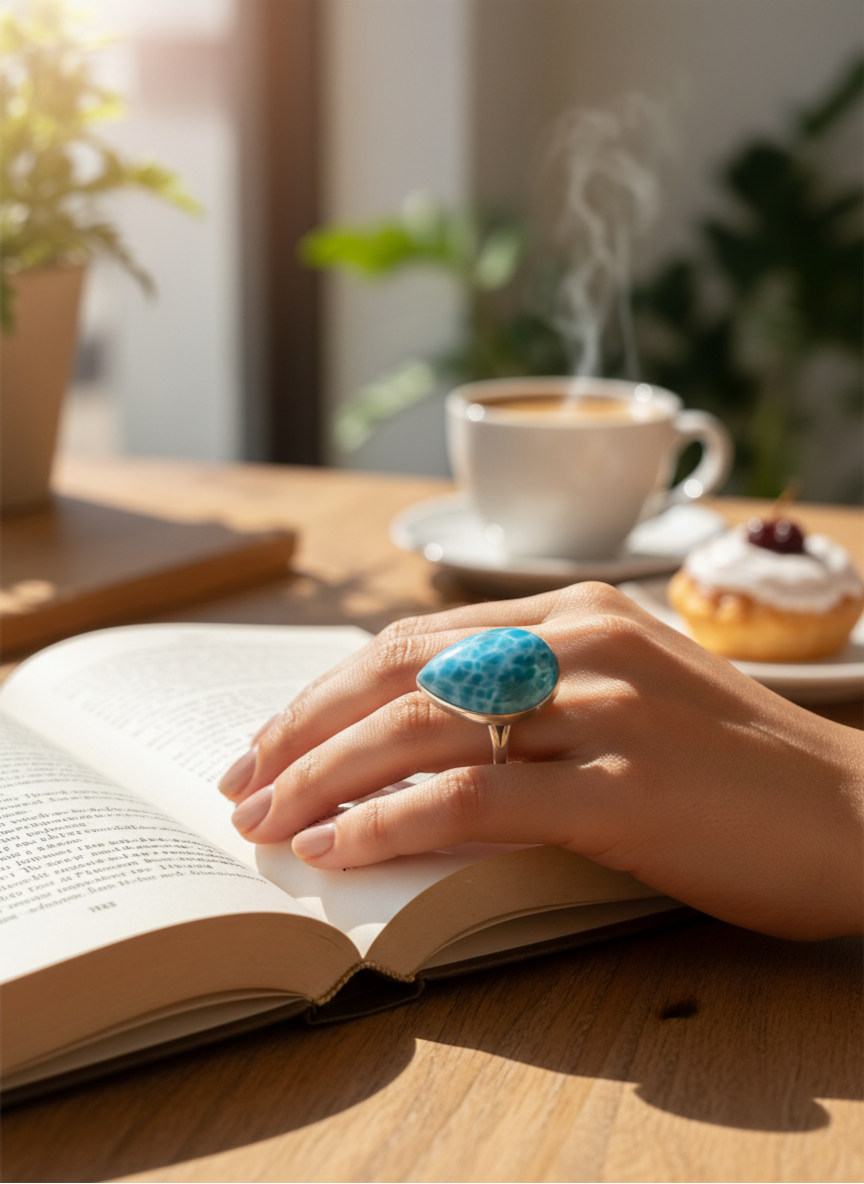 Solid Sterling Silver  Dominican Nice Blue Larimar Stone Handmade Ring