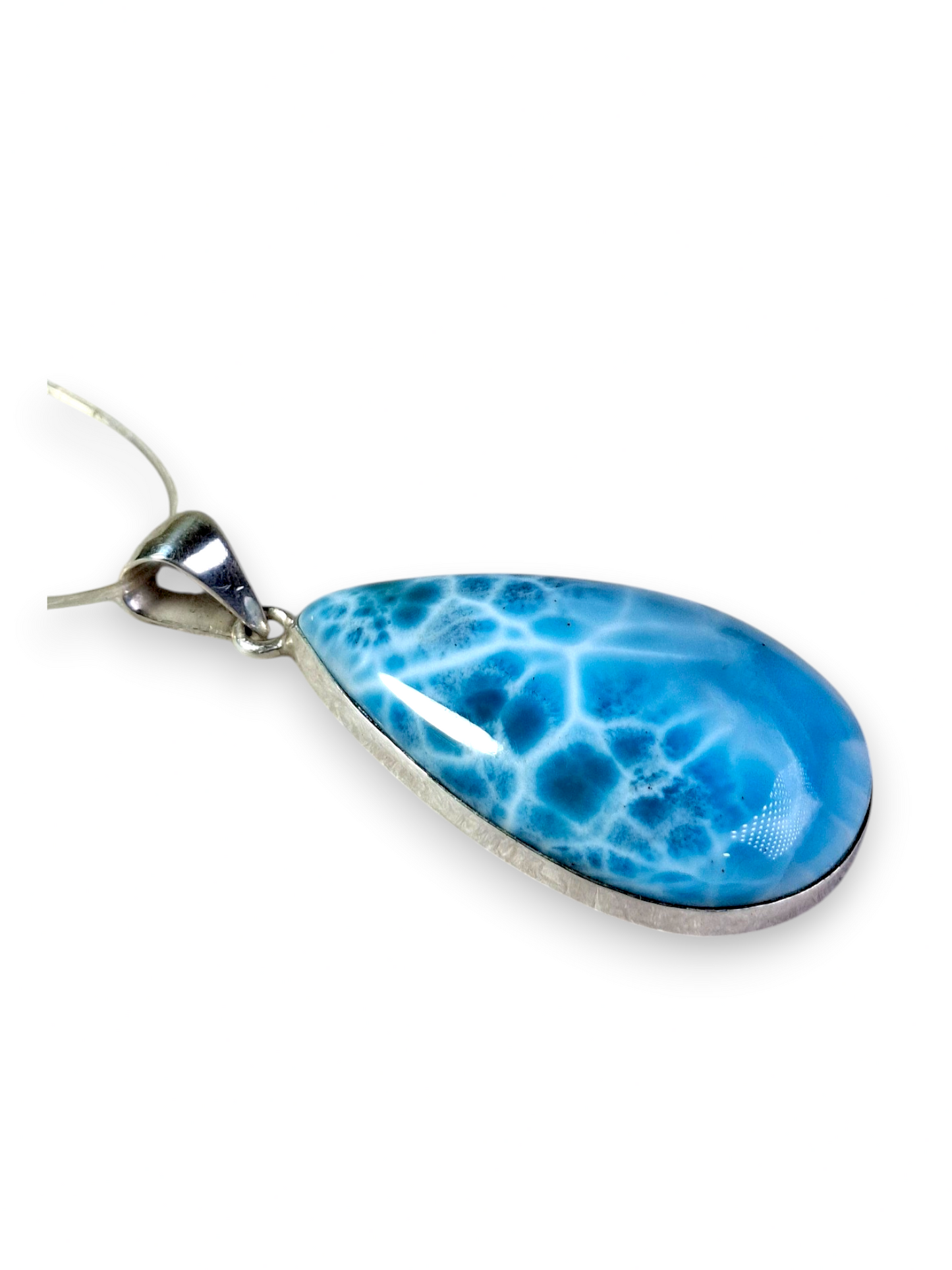 Natural Larimar Pendant 925 Silver 2.2 Inch Teardrop Cabochon Dominican Blue Gemstone Jewelry