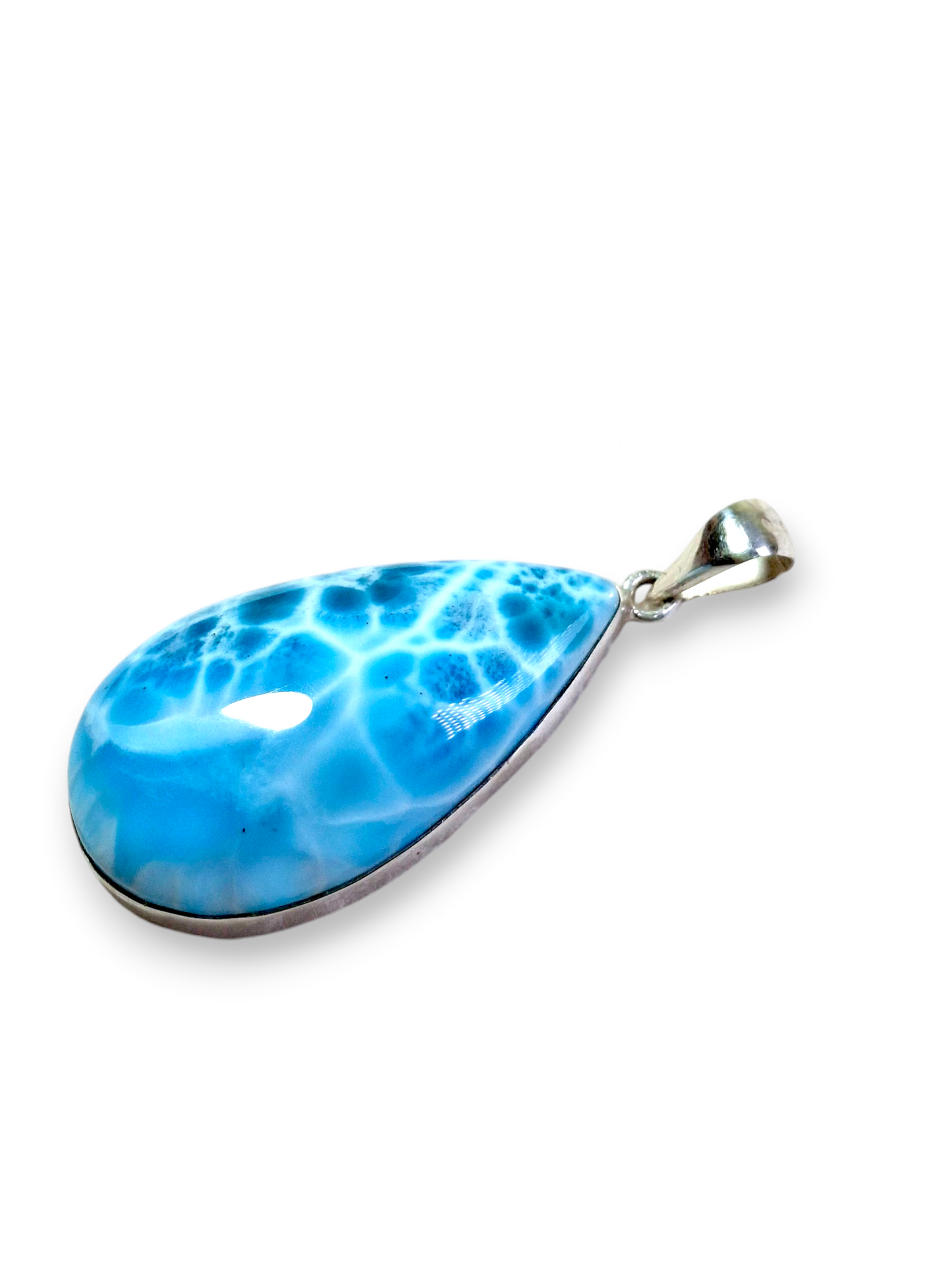 Natural Larimar Pendant 925 Silver 2.2 Inch Teardrop Cabochon Dominican Blue Gemstone Jewelry