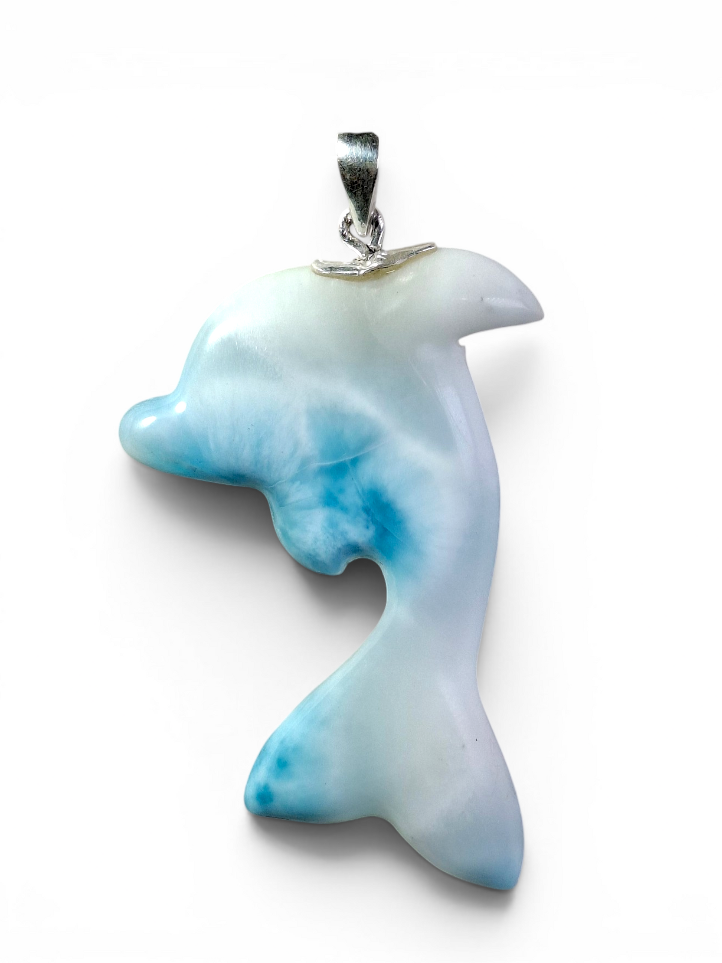 Natural Larimar Dolphin Pendant 925 Sterling Silver Hand Carved Dominican Blue Gemstone Necklace