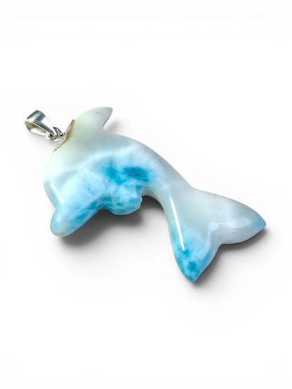 Natural Larimar Dolphin Pendant 925 Sterling Silver Hand Carved Dominican Blue Gemstone Necklace