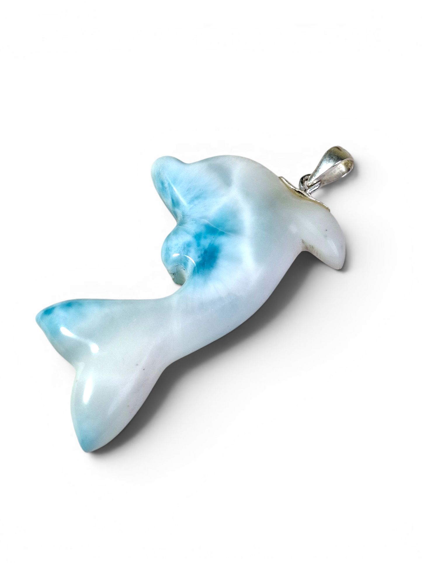 Natural Larimar Dolphin Pendant 925 Sterling Silver Hand Carved Dominican Blue Gemstone Necklace