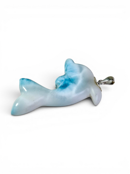 Natural Larimar Dolphin Pendant 925 Sterling Silver Hand Carved Dominican Blue Gemstone Necklace