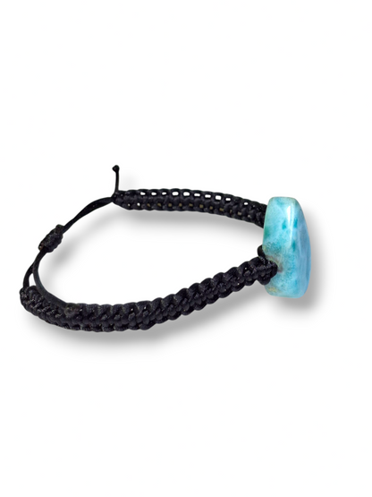 Natural Larimar Teardrop Bracelet Adjustable Macrame Woven Black Dominican Blue Gemstone Boho