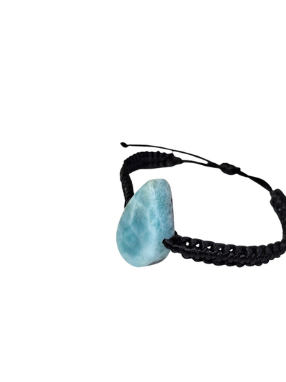 Natural Larimar Teardrop Bracelet Adjustable Macrame Woven Black Dominican Blue Gemstone Boho