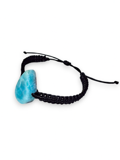 Natural Larimar Teardrop Bracelet Adjustable Macrame Woven Black Dominican Blue Gemstone Boho