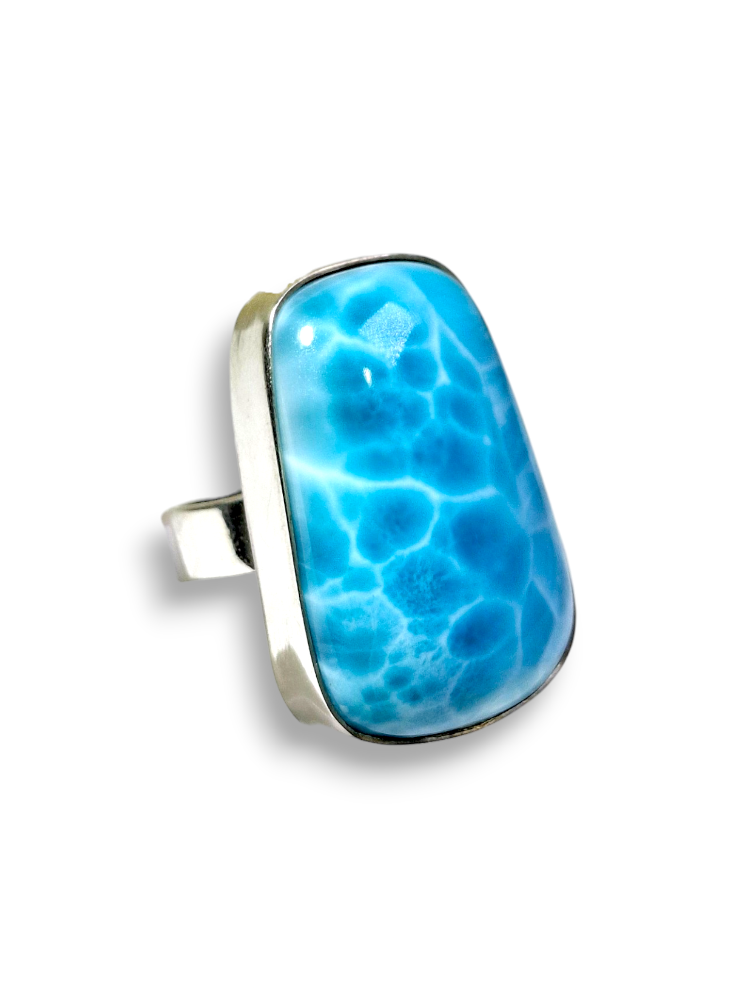 Larimar Cushion Rectangle Ring 925 SSilver Statement Dominican Blue Gemstone