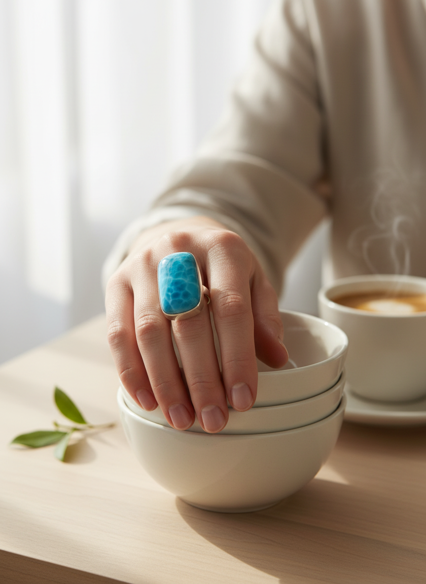 Larimar Cushion Rectangle Ring 925 SSilver Statement Dominican Blue Gemstone