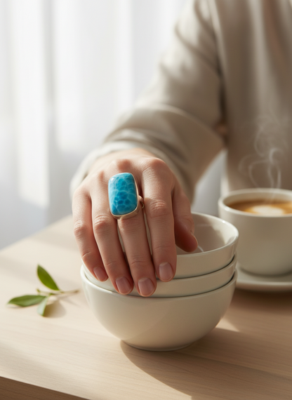 Larimar Cushion Rectangle Ring 925 SSilver Statement Dominican Blue Gemstone
