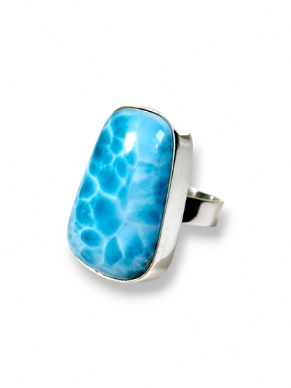 Larimar Cushion Rectangle Ring 925 SSilver Statement Dominican Blue Gemstone