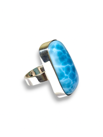 Larimar Cushion Rectangle Ring 925 SSilver Statement Dominican Blue Gemstone
